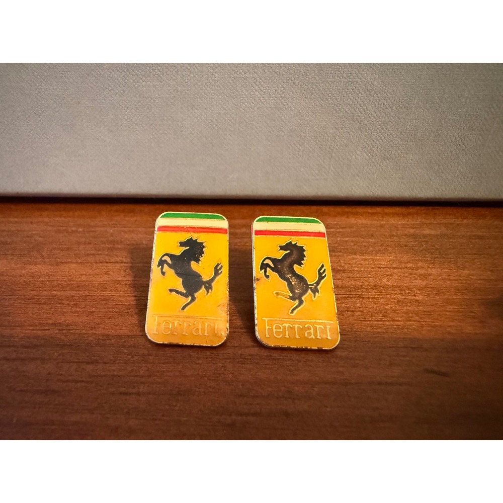 Vintage Ferrari Prancing Horse Logo Enamel Pins Yellow Shield Pair No Back